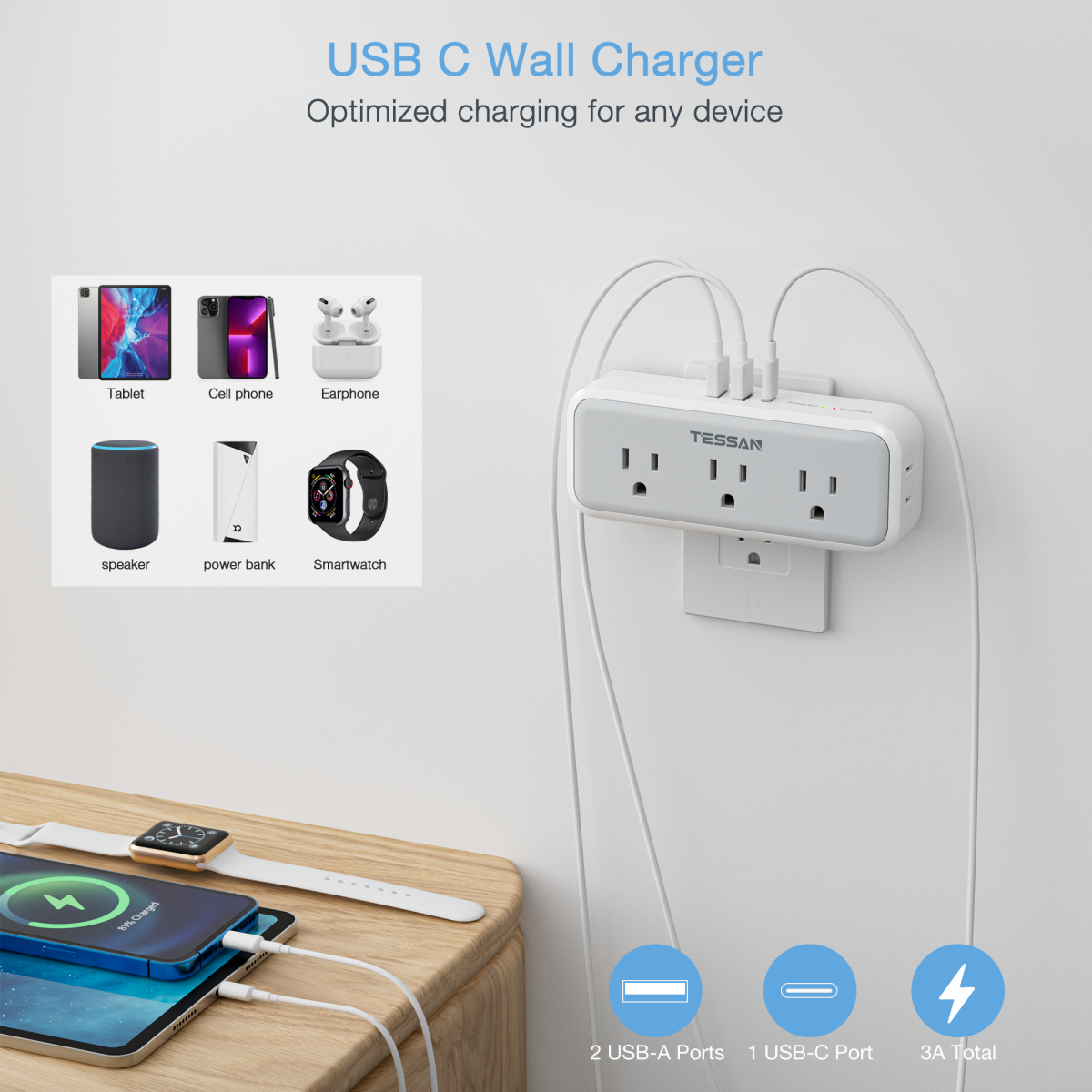 Tessan US/ Canada/ Mexico 15W Multi Outlet Extender, Surge Protection, Compact Design Saving Space
