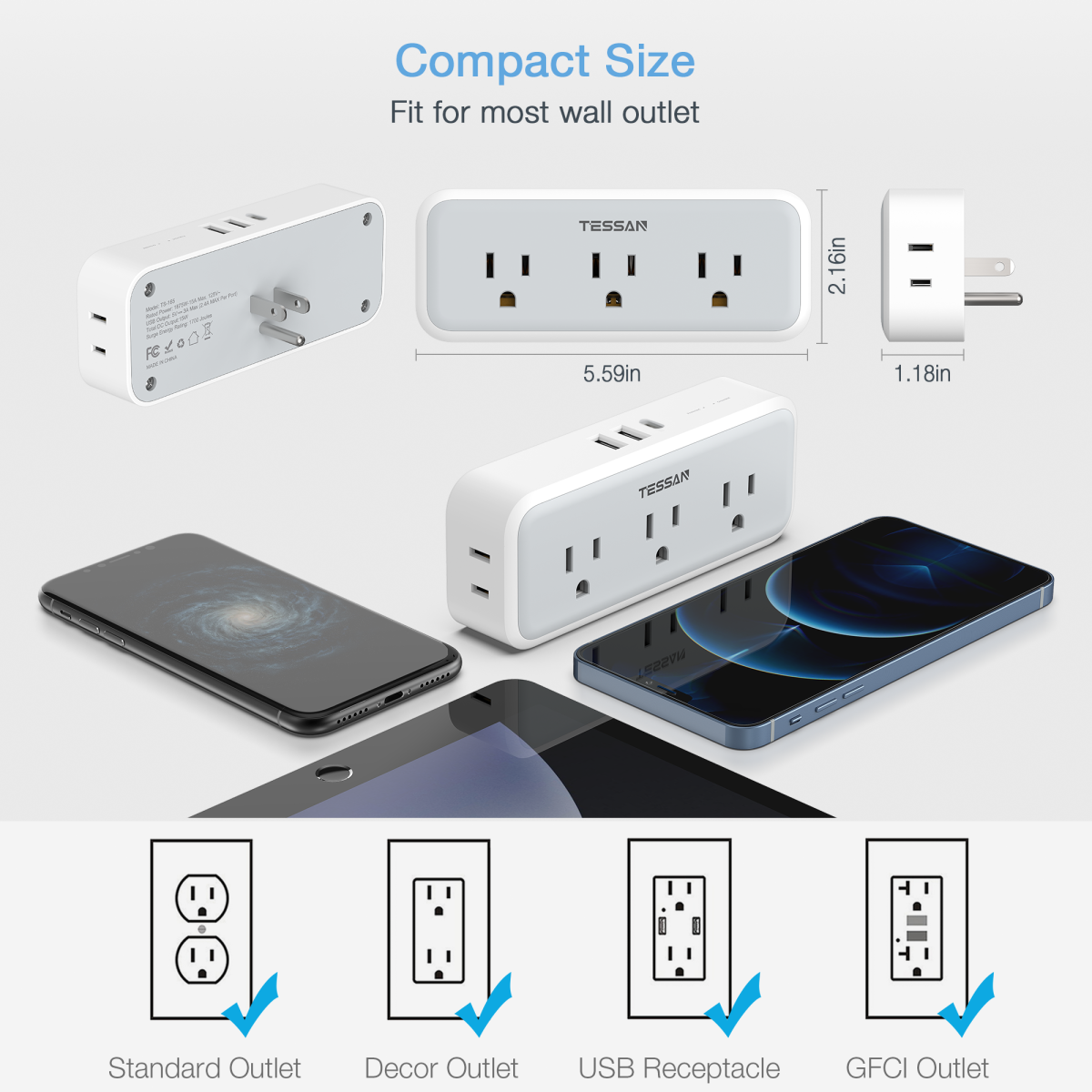 Tessan US/ Canada/ Mexico 15W Multi Outlet Extender, Surge Protection, Compact Design Saving Space
