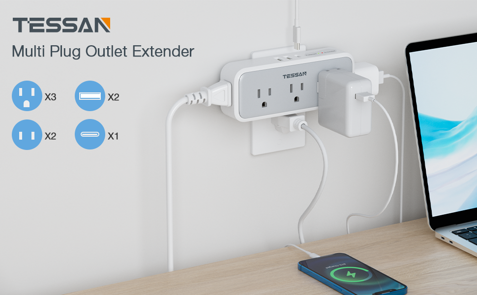 Tessan US/ Canada/ Mexico 15W Multi Outlet Extender, Surge Protection, Compact Design Saving Space