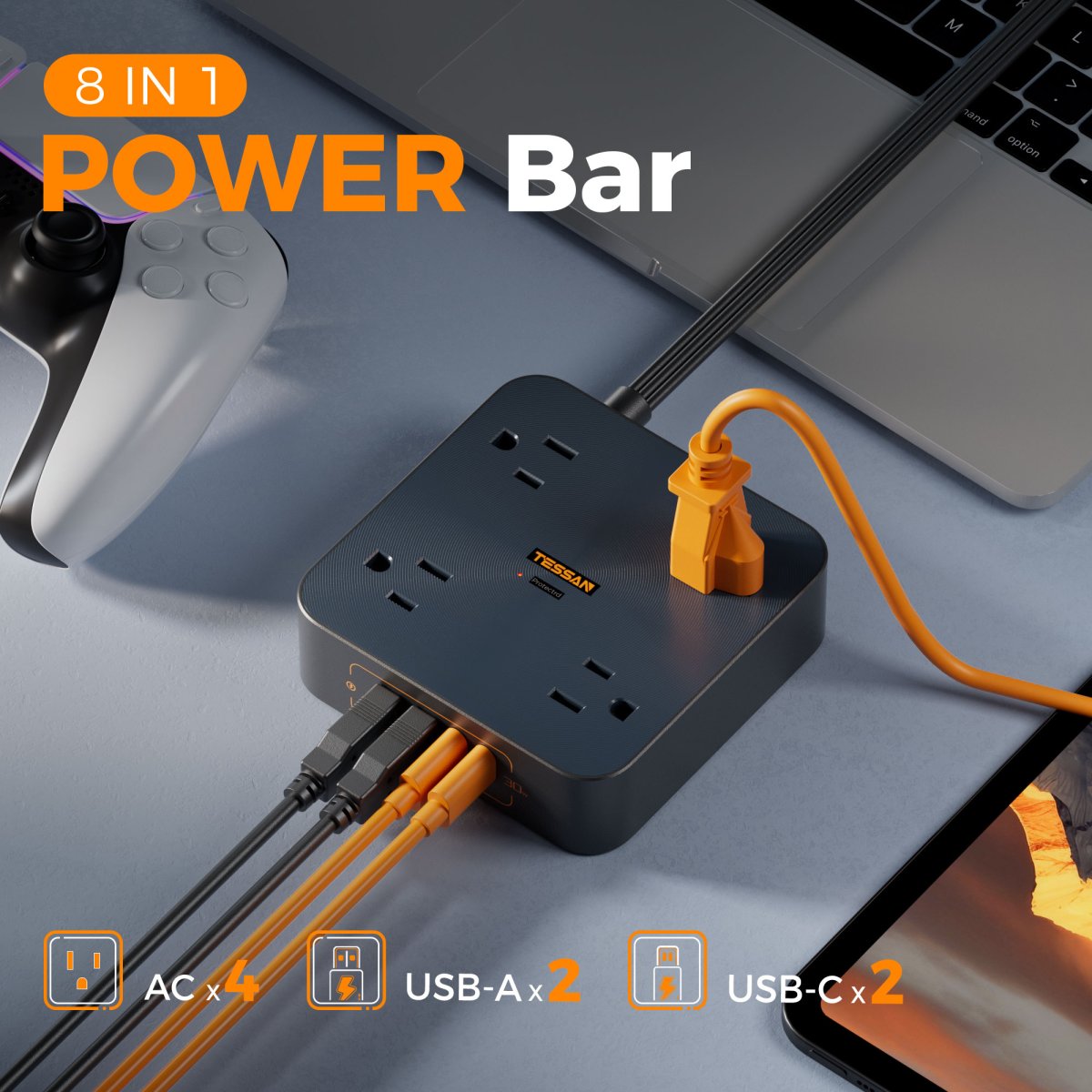Tessan US/ Canada/ Mexico 30W USB C Power Strip with 4 Outlet Extender, 6 FT Flat Plug (2 USB C)
