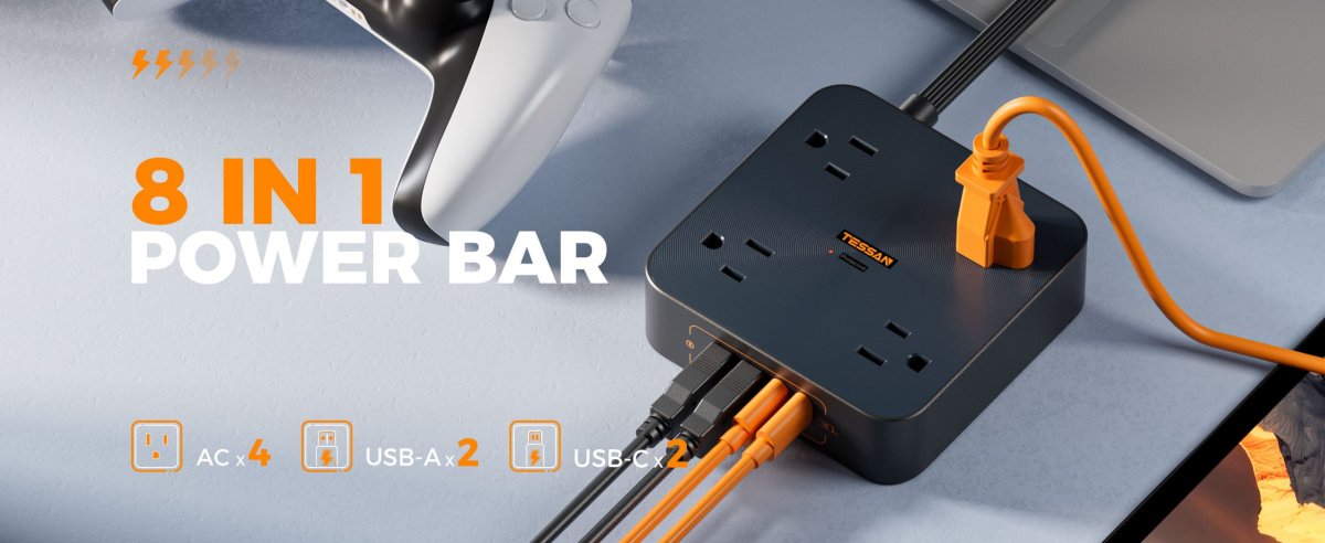 Tessan US/ Canada/ Mexico 30W USB C Power Strip with 4 Outlet Extender, 6 FT Flat Plug (2 USB C)