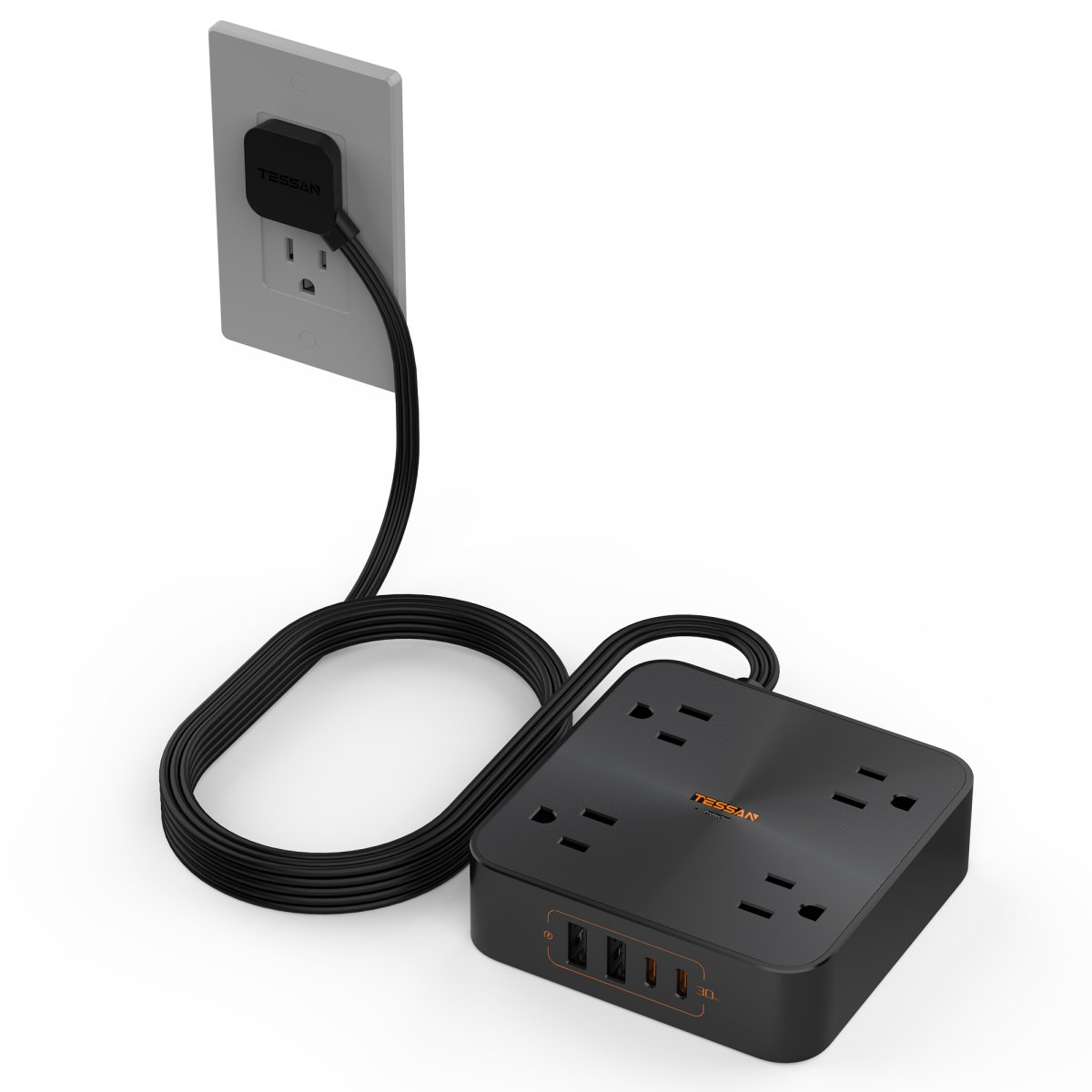 Tessan US/ Canada/ Mexico 30W USB C Power Strip with 4 Outlet Extender, 6 FT Flat Plug (2 USB C)