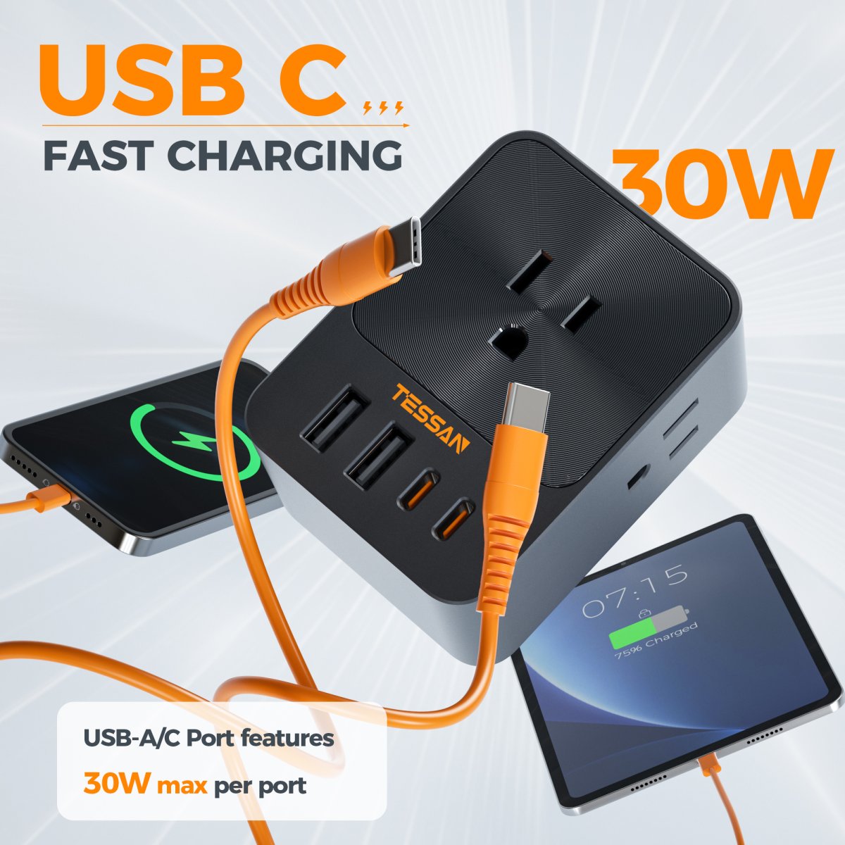Tessan US/ Canada/ Mexico 30W USB C Wall Charger, 3 Outlet Extender Surge Protector, 4 USB Block Power Delivery (2 USB C Ports)