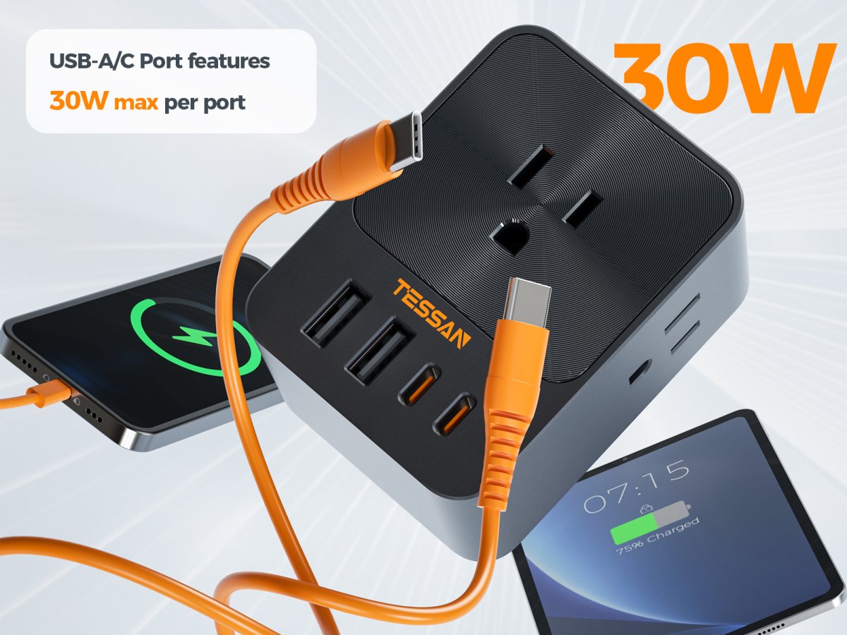 Tessan US/ Canada/ Mexico 30W USB C Wall Charger, 3 Outlet Extender Surge Protector, 4 USB Block Power Delivery (2 USB C Ports)