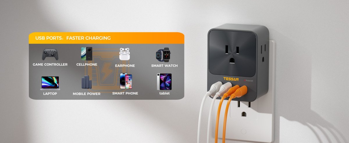 Tessan US/ Canada/ Mexico 30W USB C Wall Charger, 3 Outlet Extender Surge Protector, 4 USB Block Power Delivery (2 USB C Ports)