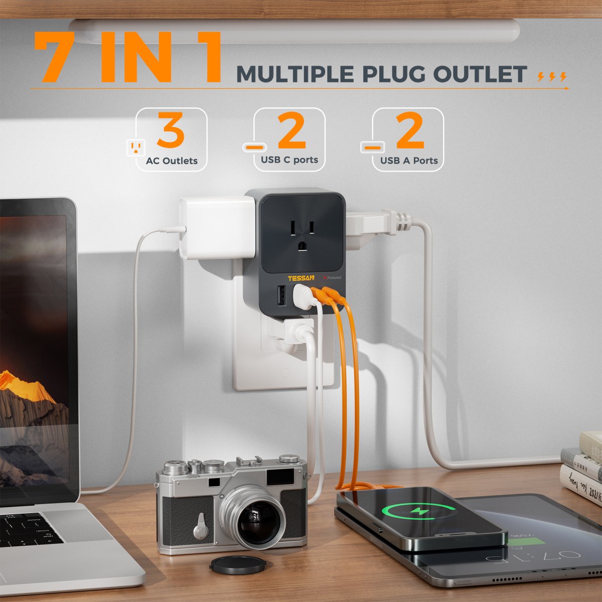 Tessan US/ Canada/ Mexico 30W USB C Wall Charger, 3 Outlet Extender Surge Protector, 4 USB Block Power Delivery (2 USB C Ports)