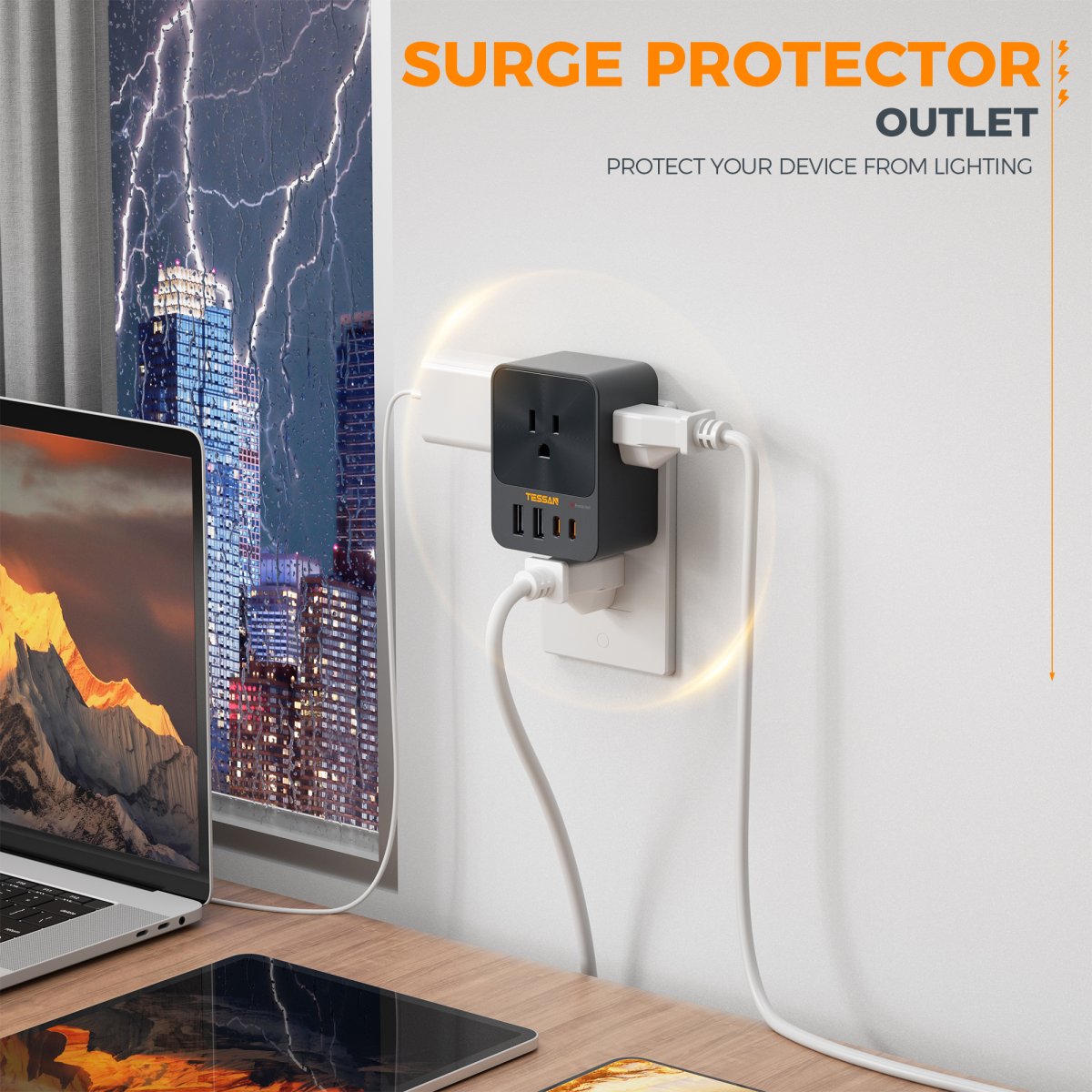 Tessan US/ Canada/ Mexico 30W USB C Wall Charger, 3 Outlet Extender Surge Protector, 4 USB Block Power Delivery (2 USB C Ports)