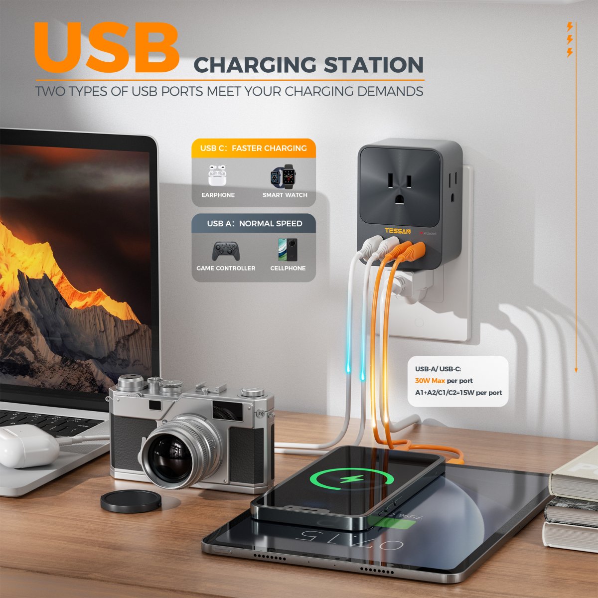 Tessan US/ Canada/ Mexico 30W USB C Wall Charger, 3 Outlet Extender Surge Protector, 4 USB Block Power Delivery (2 USB C Ports)