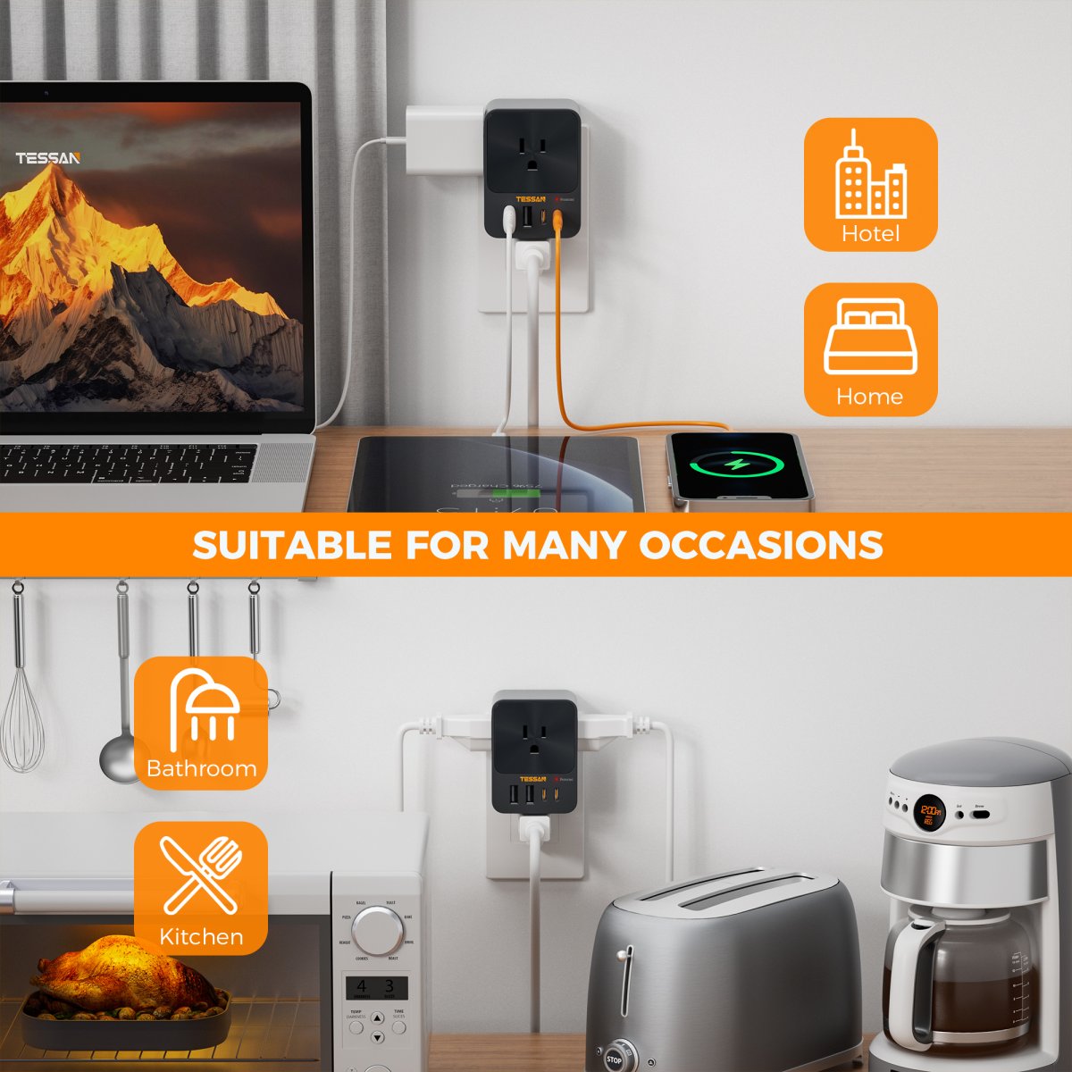Tessan US/ Canada/ Mexico 30W USB C Wall Charger, 3 Outlet Extender Surge Protector, 4 USB Block Power Delivery (2 USB C Ports)