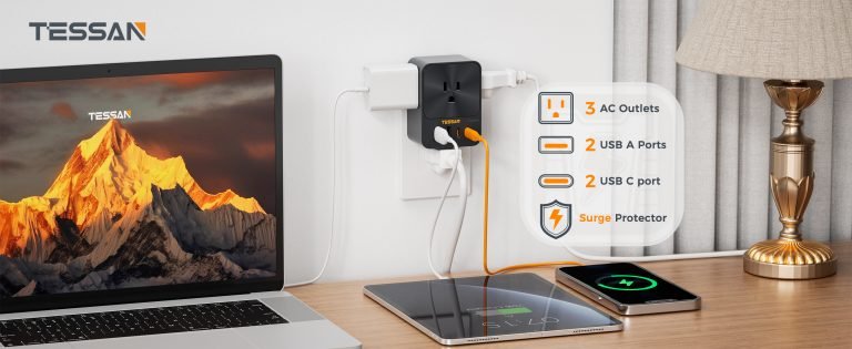 Tessan US/ Canada/ Mexico 30W USB C Wall Charger, 3 Outlet Extender Surge Protector, 4 USB Block Power Delivery (2 USB C Ports)