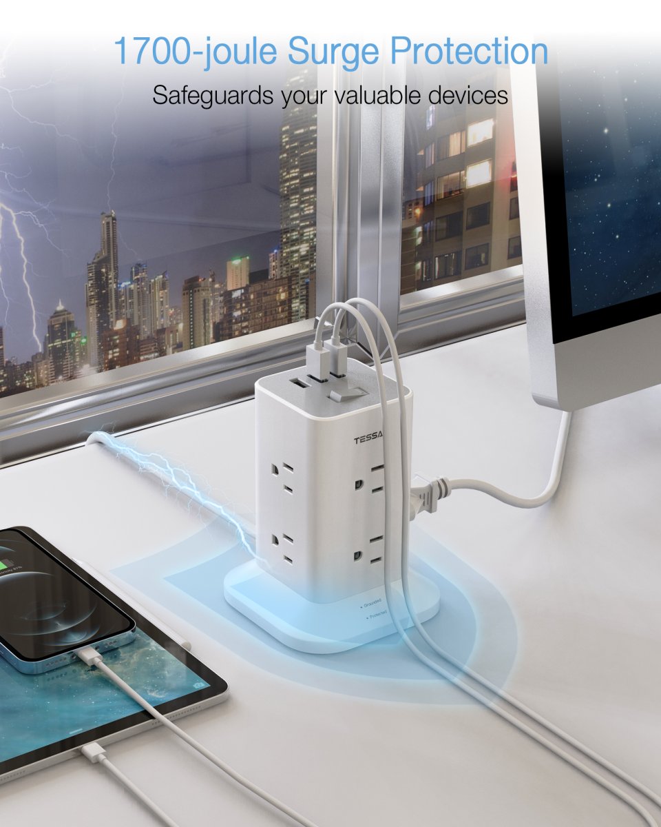Tessan US/ Canada/ Mexico 8 AC Outlets Surge Protector Power Strip Tower Surge Protector Tower