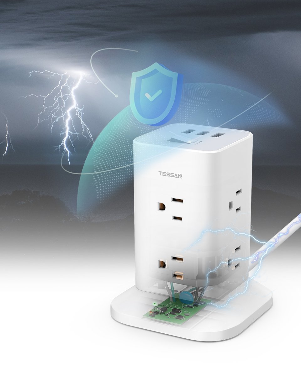 Tessan US/ Canada/ Mexico 8 AC Outlets Surge Protector Power Strip Tower Surge Protector Tower
