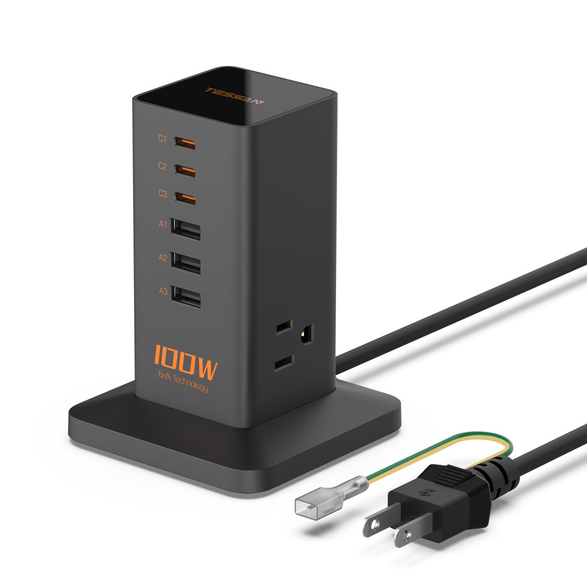 Tessan US /Canada /Mexico 9-in-1 USB C Charger Block PD 65W for iPhone 16/15, MacBook, Tablet, Type C Desktop Charger with 3 AC