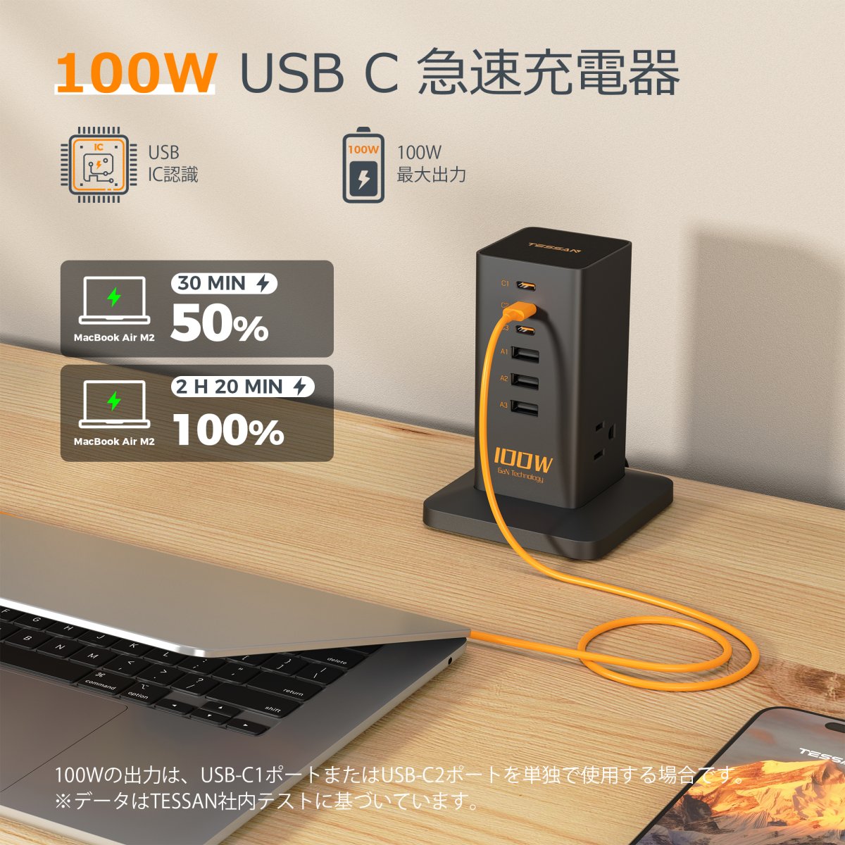 Tessan US /Canada /Mexico 9-in-1 USB C Charger Block PD 65W for iPhone 16/15, MacBook, Tablet, Type C Desktop Charger with 3 AC