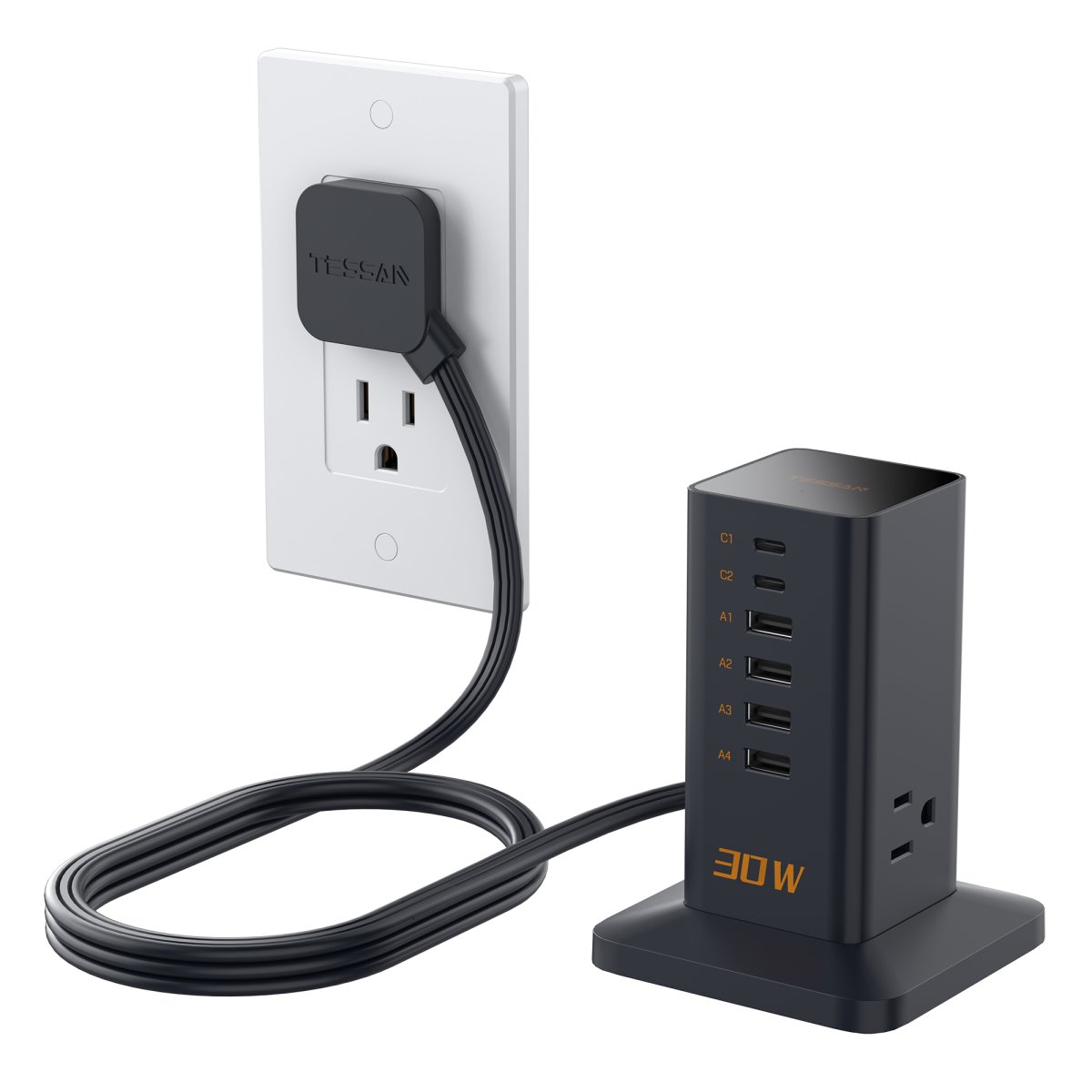 Tessan US/ Canada/ Mexico Charging Station 30W, 6ft Flat Extension Cord9-in-1 Charger Blocks