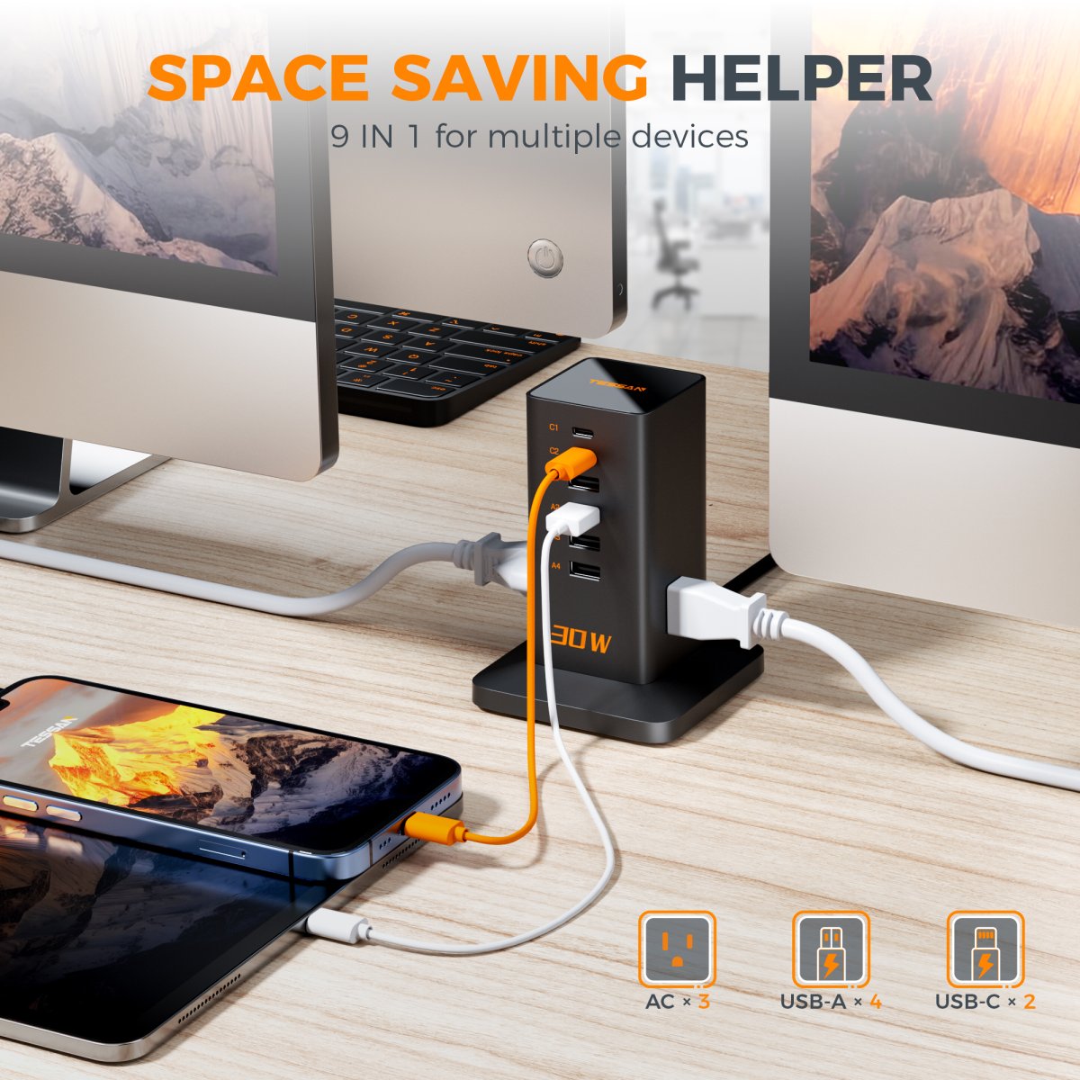 Tessan US/ Canada/ Mexico Charging Station 30W, 6ft Flat Extension Cord9-in-1 Charger Blocks