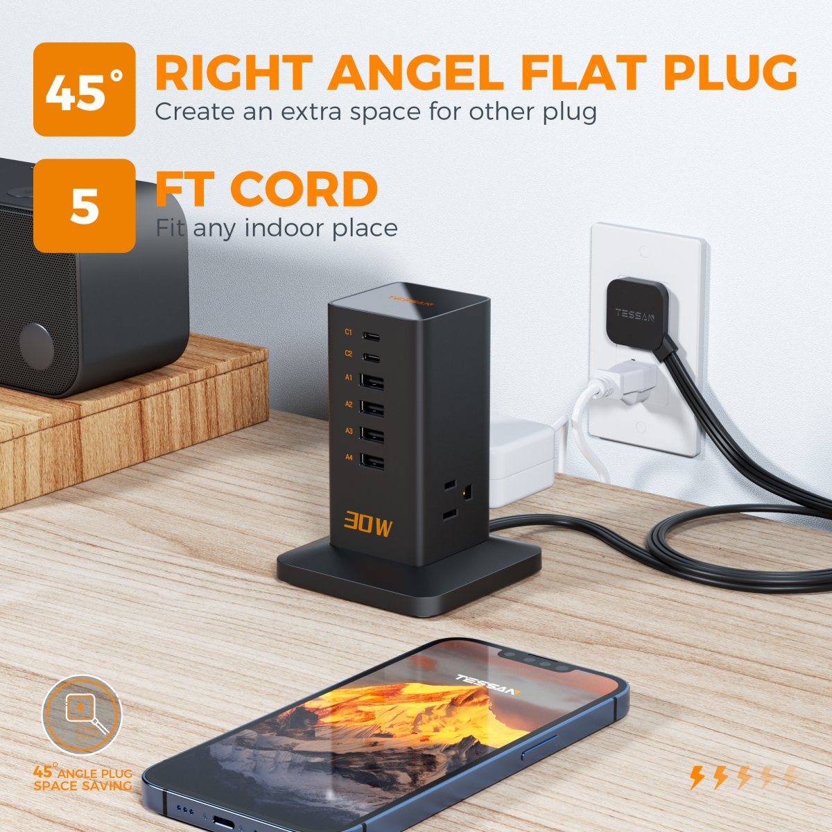 Tessan US/ Canada/ Mexico Charging Station 30W, 6ft Flat Extension Cord9-in-1 Charger Blocks