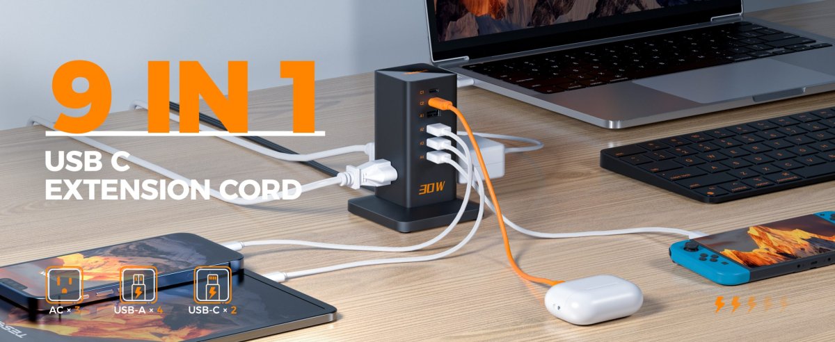Tessan US/ Canada/ Mexico Charging Station 30W, 6ft Flat Extension Cord9-in-1 Charger Blocks