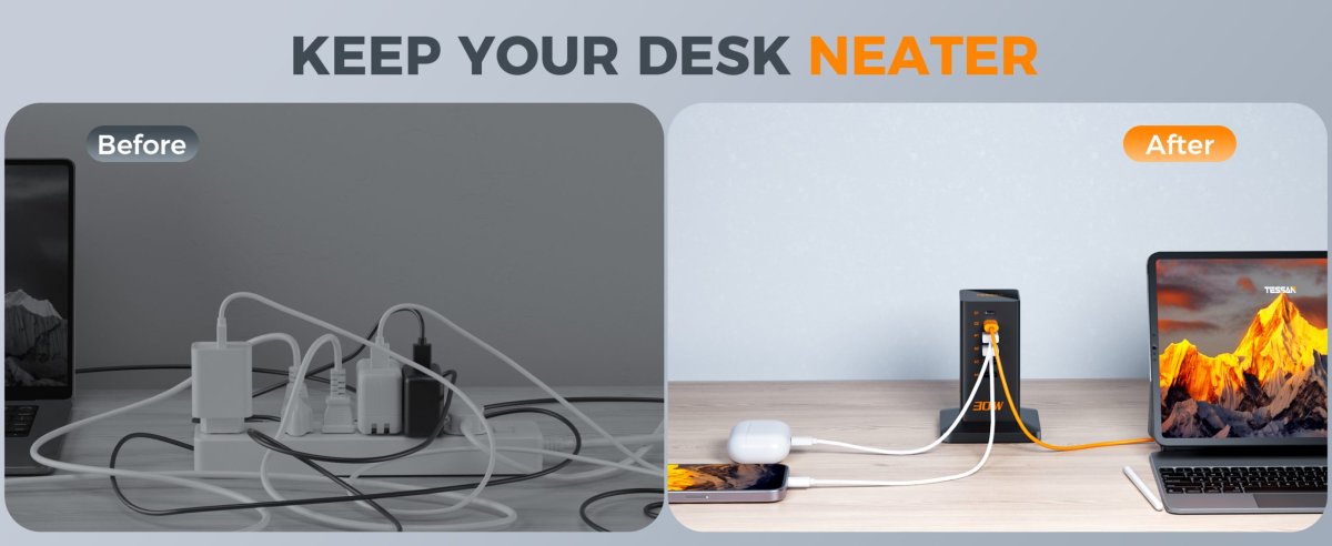 Tessan US/ Canada/ Mexico Charging Station 30W, 6ft Flat Extension Cord9-in-1 Charger Blocks
