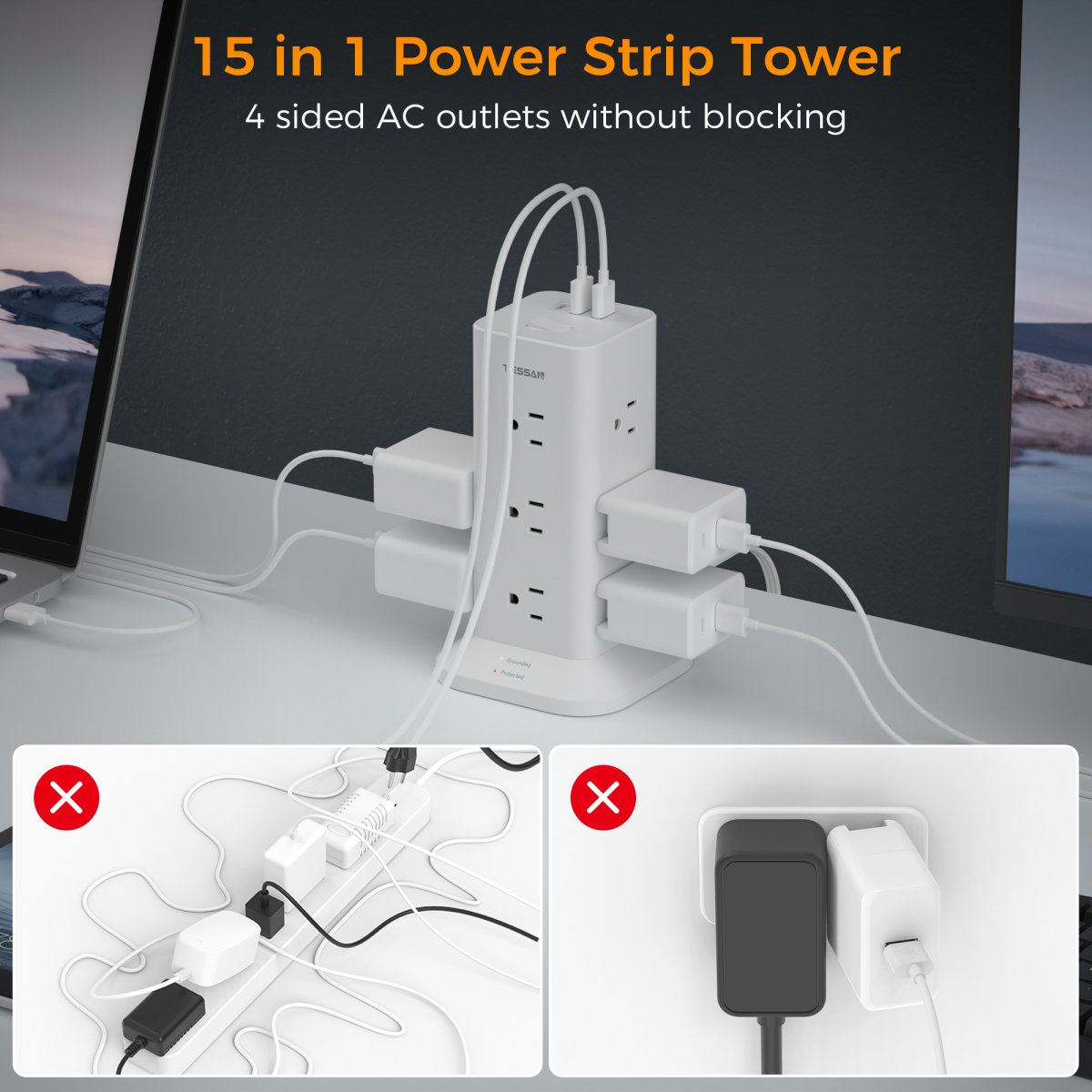 Tessan US/ Canada/ Mexico Flat Plug Extension Cord 6 Feet 900J Surge Protector Tower