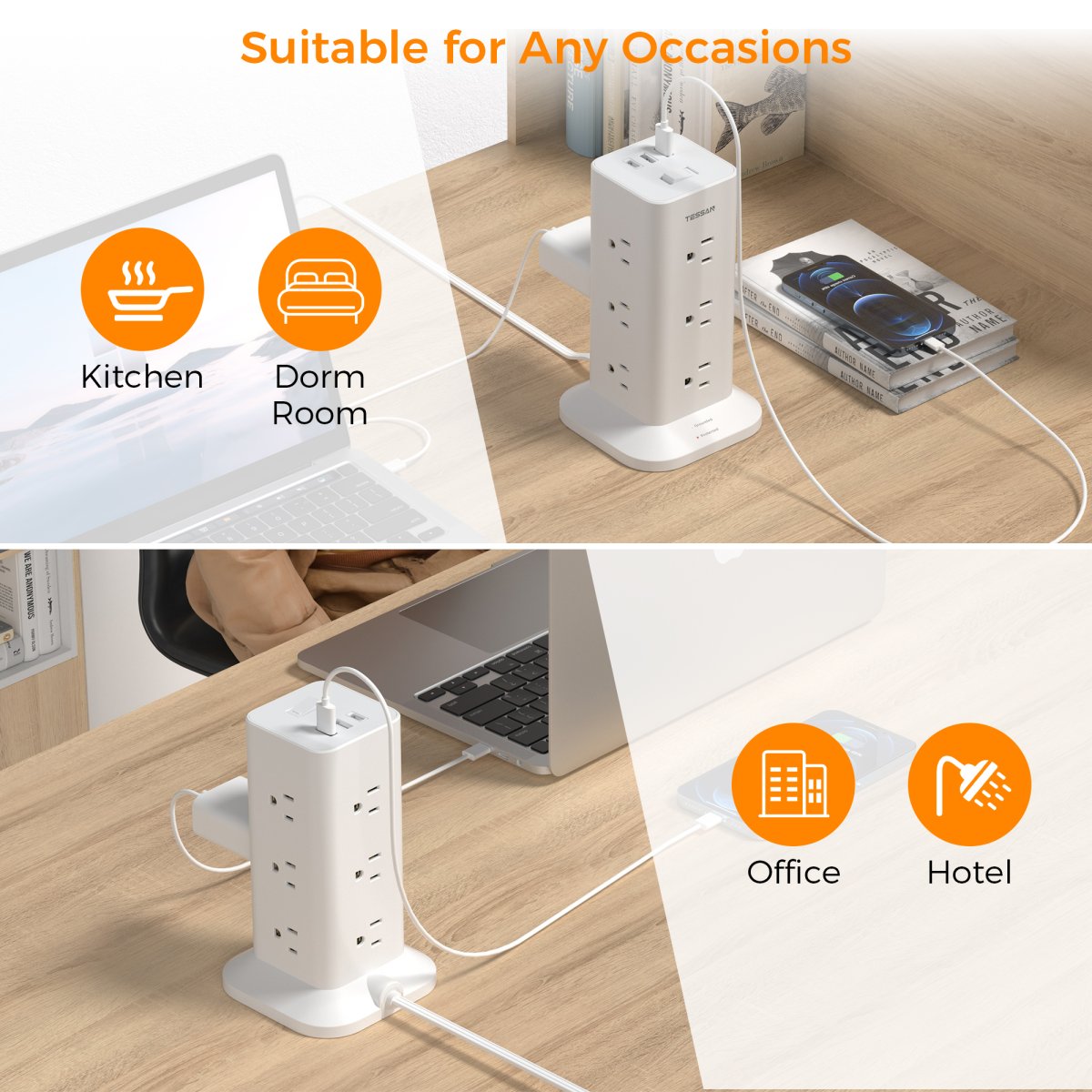 Tessan US/ Canada/ Mexico Flat Plug Extension Cord 6 Feet 900J Surge Protector Tower