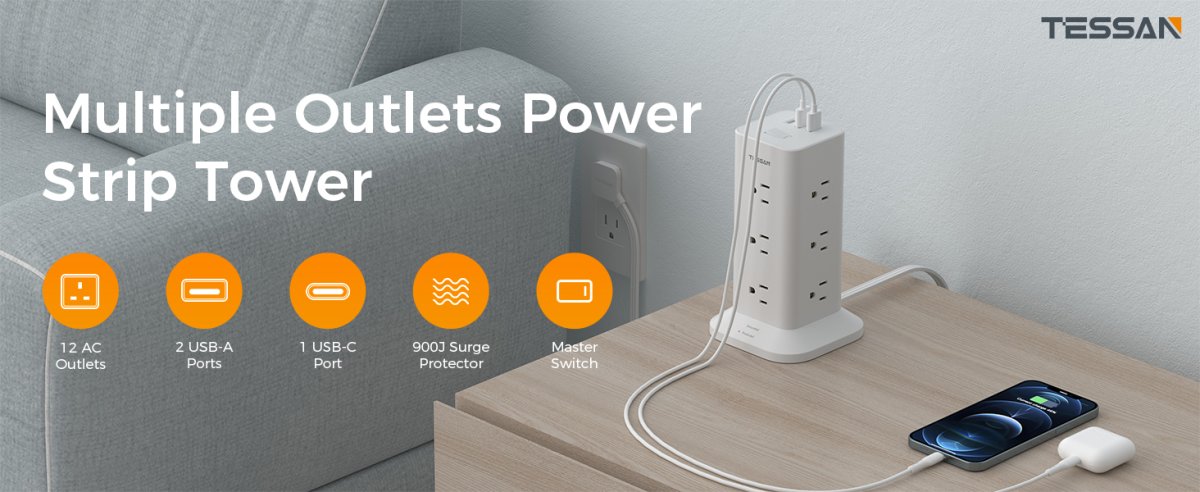 Tessan US/ Canada/ Mexico Flat Plug Extension Cord 6 Feet 900J Surge Protector Tower