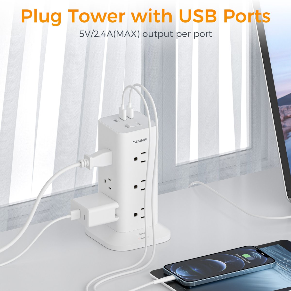 Tessan US/ Canada/ Mexico Flat Plug Extension Cord 6 Feet with 12 Multiple Outlets 3 USB Ports (1 USB C)