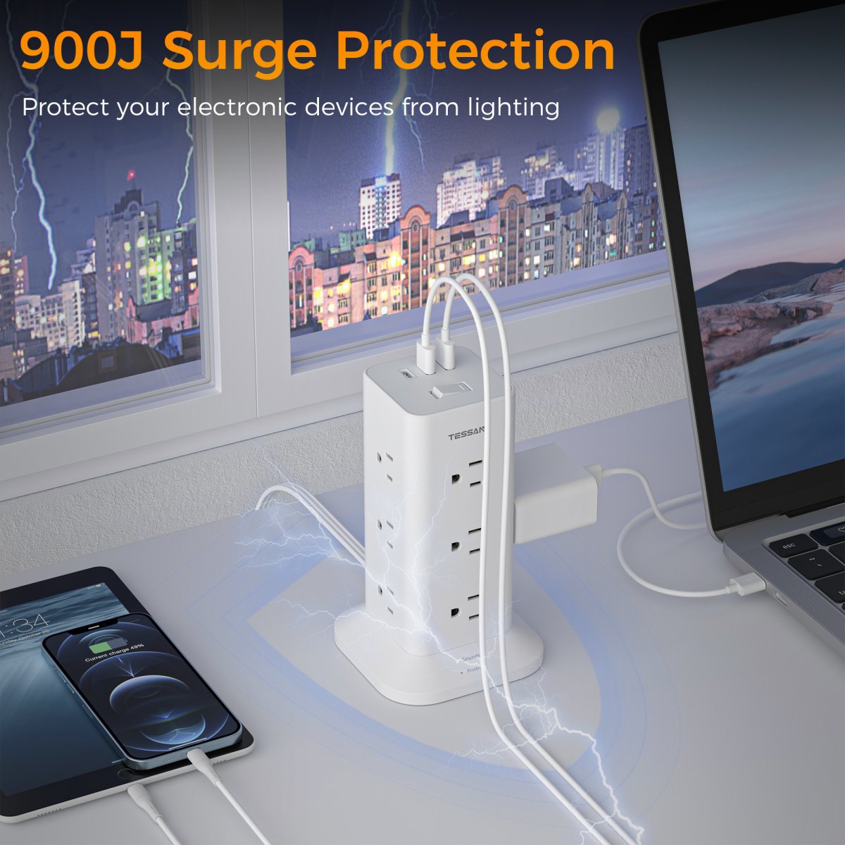 Tessan US/ Canada/ Mexico Flat Plug Extension Cord 6 Feet with 12 Multiple Outlets 3 USB Ports (1 USB C)