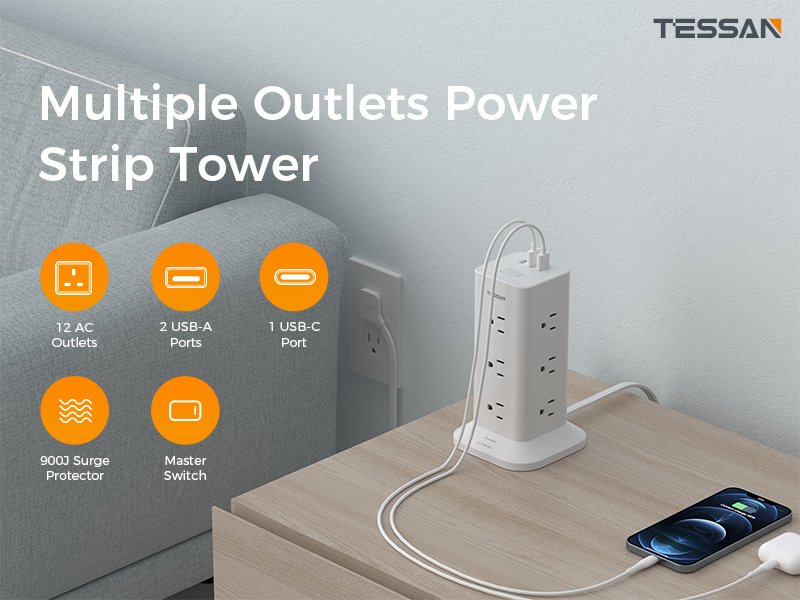 Tessan US/ Canada/ Mexico Flat Plug Extension Cord 6 Feet with 12 Multiple Outlets 3 USB Ports (1 USB C)