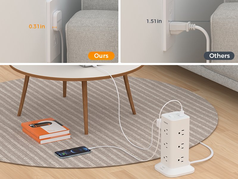 Tessan US/ Canada/ Mexico Flat Plug Extension Cord 6 Feet with 12 Multiple Outlets 3 USB Ports (1 USB C)