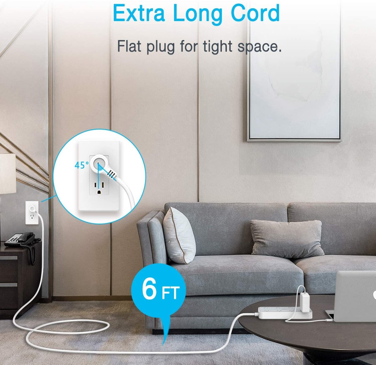Tessan US/ Canada/ Mexico Flat Plug Extension Cord with 8 Outlets 3 USB Charger(1 USB C) Charging Station