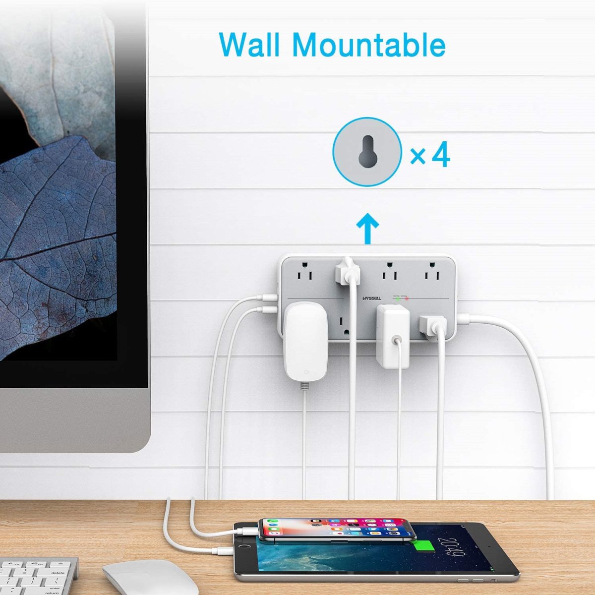 Tessan US/ Canada/ Mexico Flat Plug Extension Cord with 8 Outlets 3 USB Charger(1 USB C) Charging Station