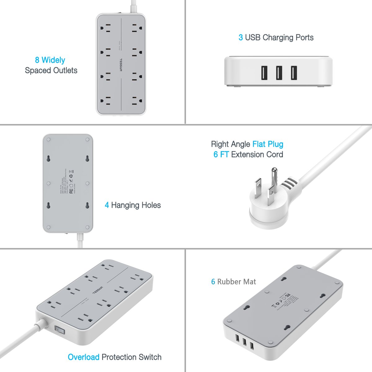 Tessan US/ Canada/ Mexico Flat Plug Extension Cord with 8 Outlets 3 USB Charger(1 USB C) Charging Station