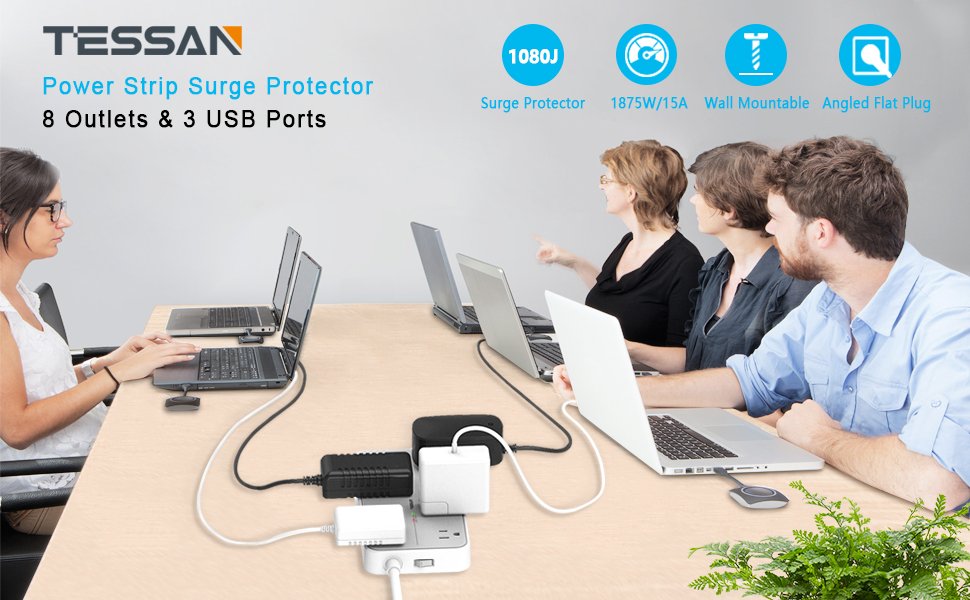 Tessan US/ Canada/ Mexico Flat Plug Extension Cord with 8 Outlets 3 USB Charger(1 USB C) Charging Station