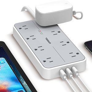 Tessan US/ Canada/ Mexico Flat Plug Extension Cord with 8 Outlets 3 USB Charger(1 USB C) Charging Station