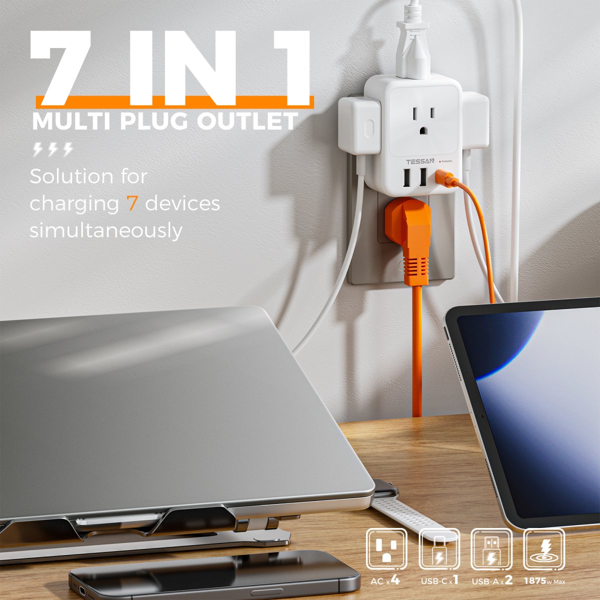 Tessan US/ Canada/ Mexico Multi Plug Adapter Outlet Extender with 4 AC Outlets 3 USB Ports
