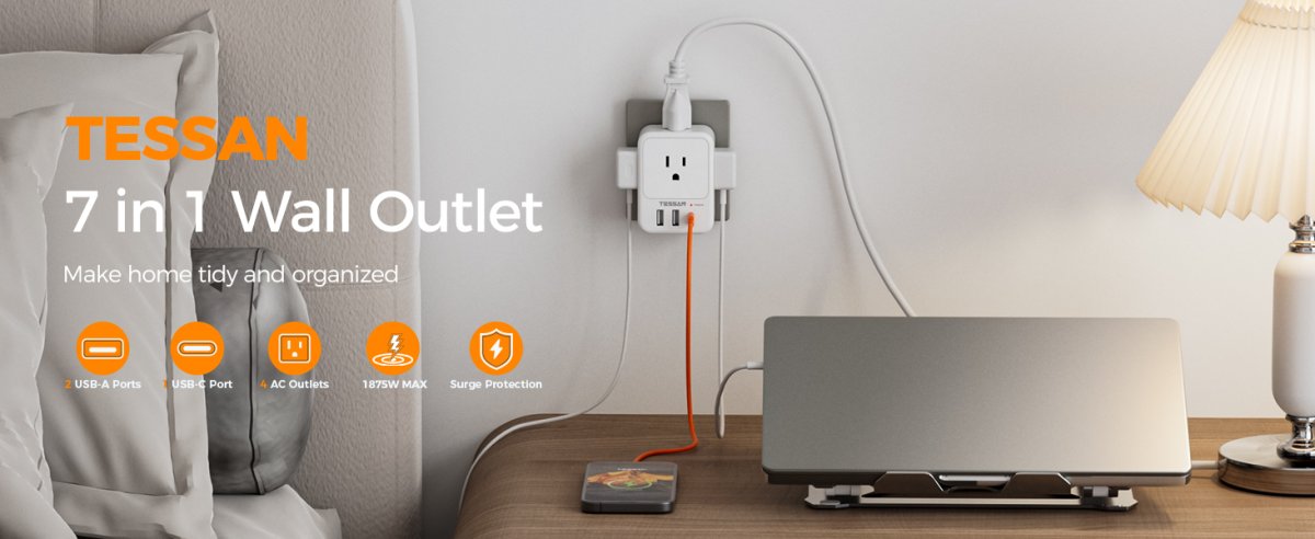 Tessan US/ Canada/ Mexico Multi Plug Adapter Outlet Extender with 4 AC Outlets 3 USB Ports