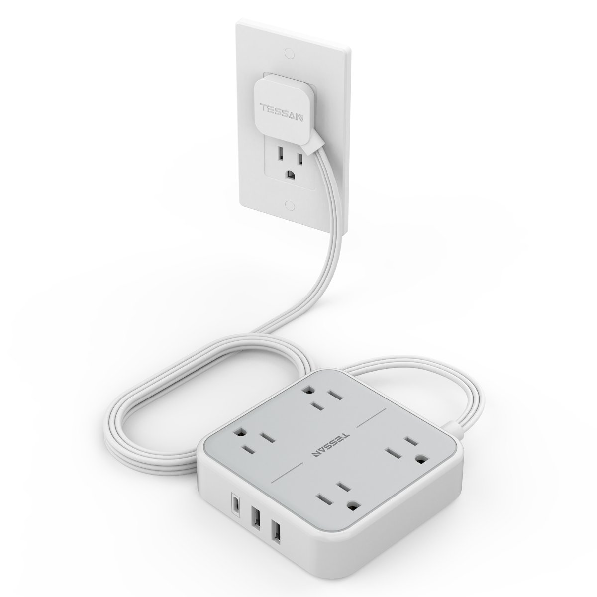 Tessan US/ Canada/ Mexico Power Strip 10 Feet with 4 Outlets 3 USB Wall Charger (1 USB C)