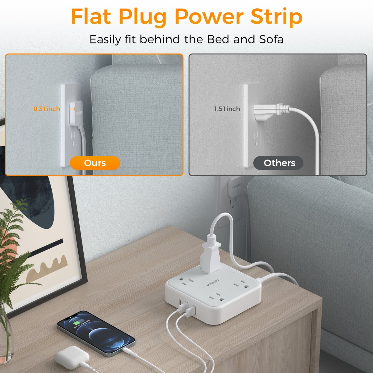 Tessan US/ Canada/ Mexico Power Strip 10 Feet with 4 Outlets 3 USB Wall Charger (1 USB C)