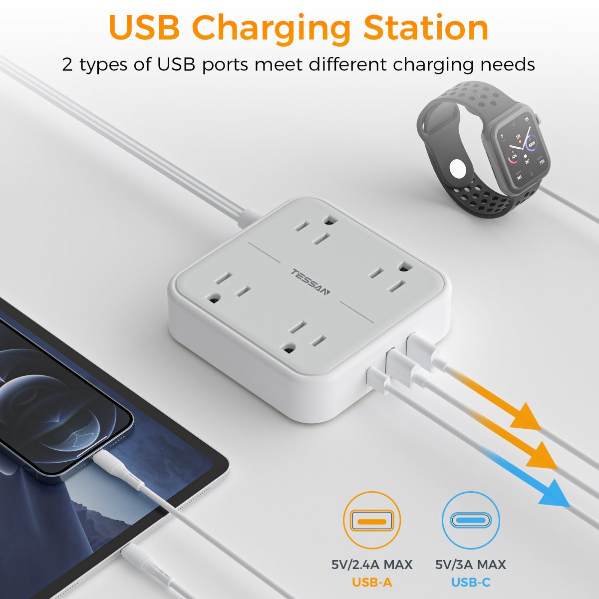 Tessan US/ Canada/ Mexico Power Strip 10 Feet with 4 Outlets 3 USB Wall Charger (1 USB C)