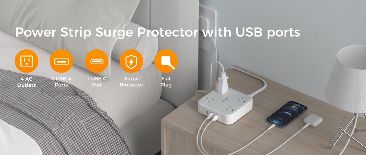 Tessan US/ Canada/ Mexico Power Strip 10 Feet with 4 Outlets 3 USB Wall Charger (1 USB C)