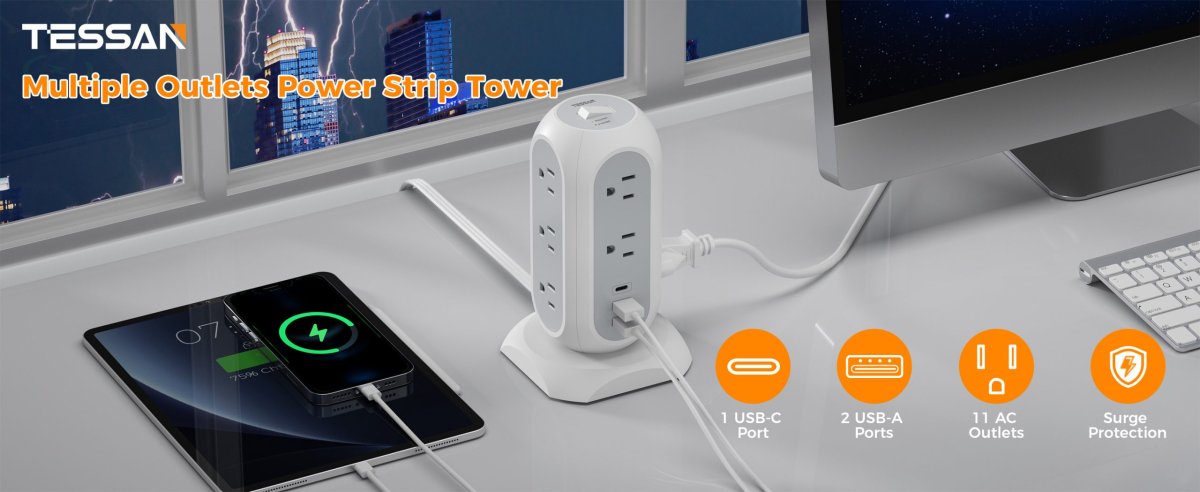 Tessan US /Canada /Mexico Power Strip Flat Plug with 11 Outlets 3 USB (1 USB C), TESSAN Surge Protector Tower 1625W/13A