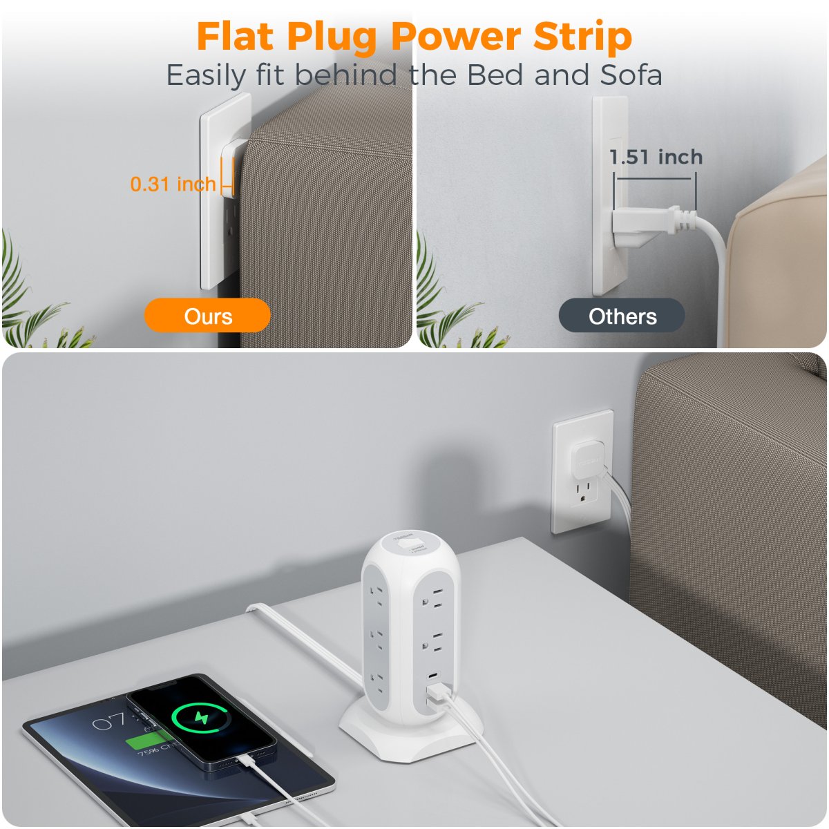 Tessan US /Canada /Mexico Power Strip Flat Plug with 11 Outlets 3 USB (1 USB C), TESSAN Surge Protector Tower 1625W/13A