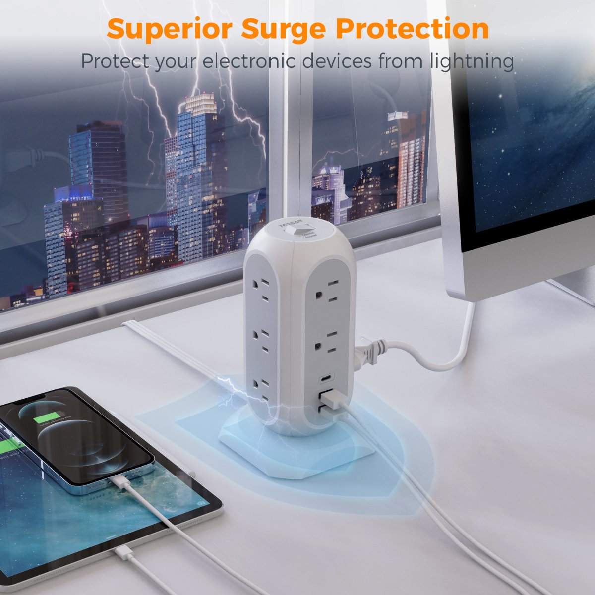 Tessan US /Canada /Mexico Power Strip Flat Plug with 11 Outlets 3 USB (1 USB C), TESSAN Surge Protector Tower 1625W/13A