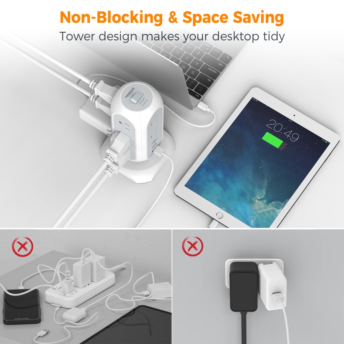 Tessan US /Canada /Mexico Power Strip Flat Plug with 11 Outlets 3 USB (1 USB C), TESSAN Surge Protector Tower 1625W/13A