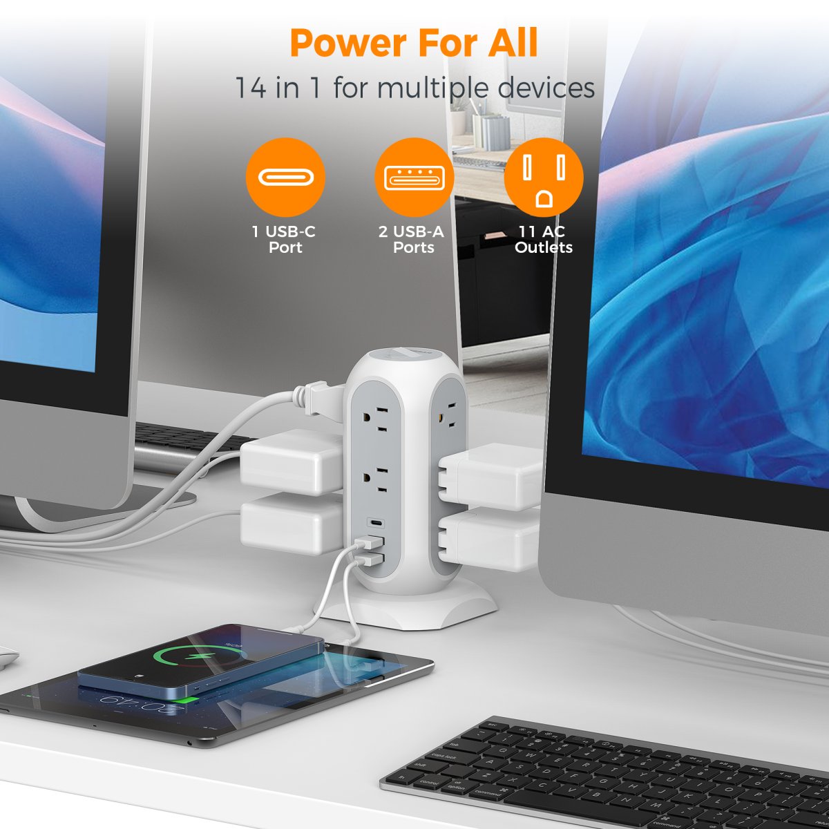 Tessan US /Canada /Mexico Power Strip Flat Plug with 11 Outlets 3 USB (1 USB C), TESSAN Surge Protector Tower 1625W/13A