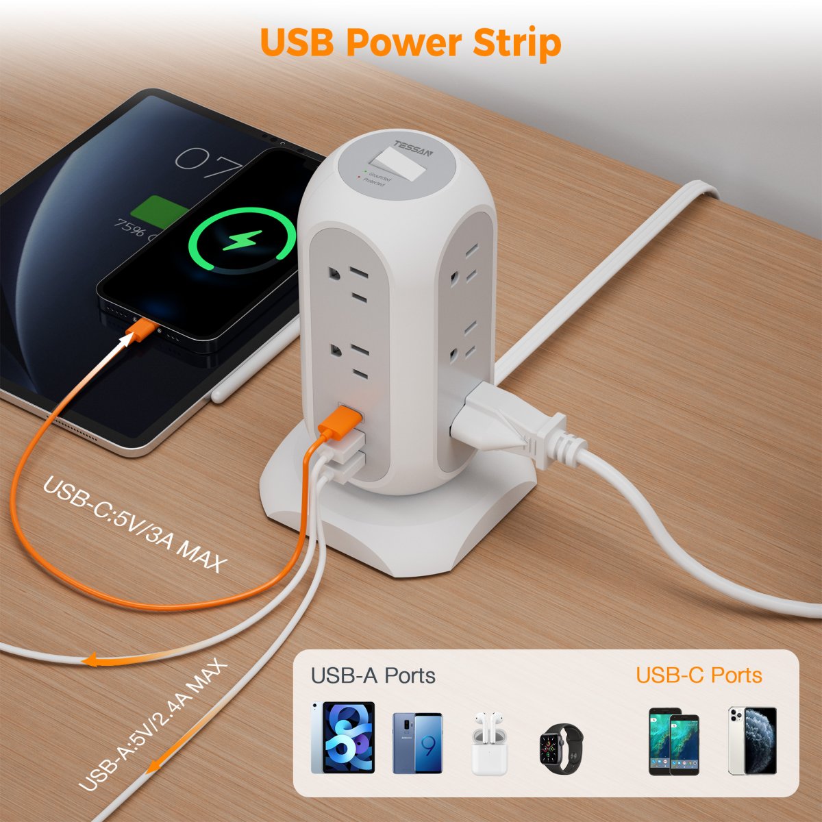 Tessan US /Canada /Mexico Power Strip Flat Plug with 11 Outlets 3 USB (1 USB C), TESSAN Surge Protector Tower 1625W/13A