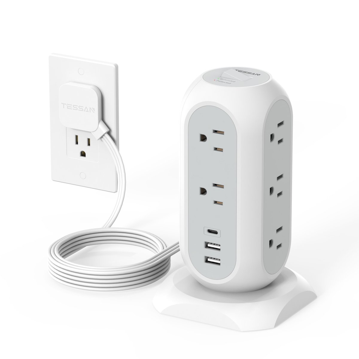 Tessan US /Canada /Mexico Power Strip Flat Plug with 11 Outlets 3 USB (1 USB C), TESSAN Surge Protector Tower 1625W/13A