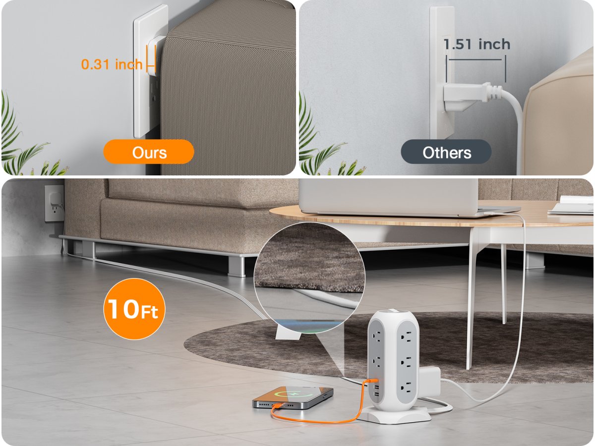 Tessan US /Canada /Mexico Power Strip Flat Plug with 11 Outlets 3 USB (1 USB C), TESSAN Surge Protector Tower 1625W/13A