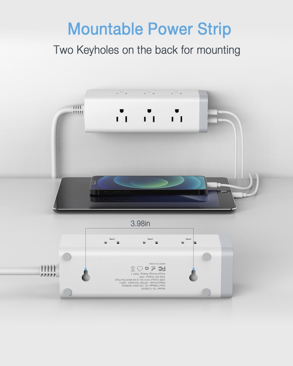 Tessan US/ Canada/ Mexico Power Strip with USB 6 FT Extension Cord 1050J Surge Protector Charging Station